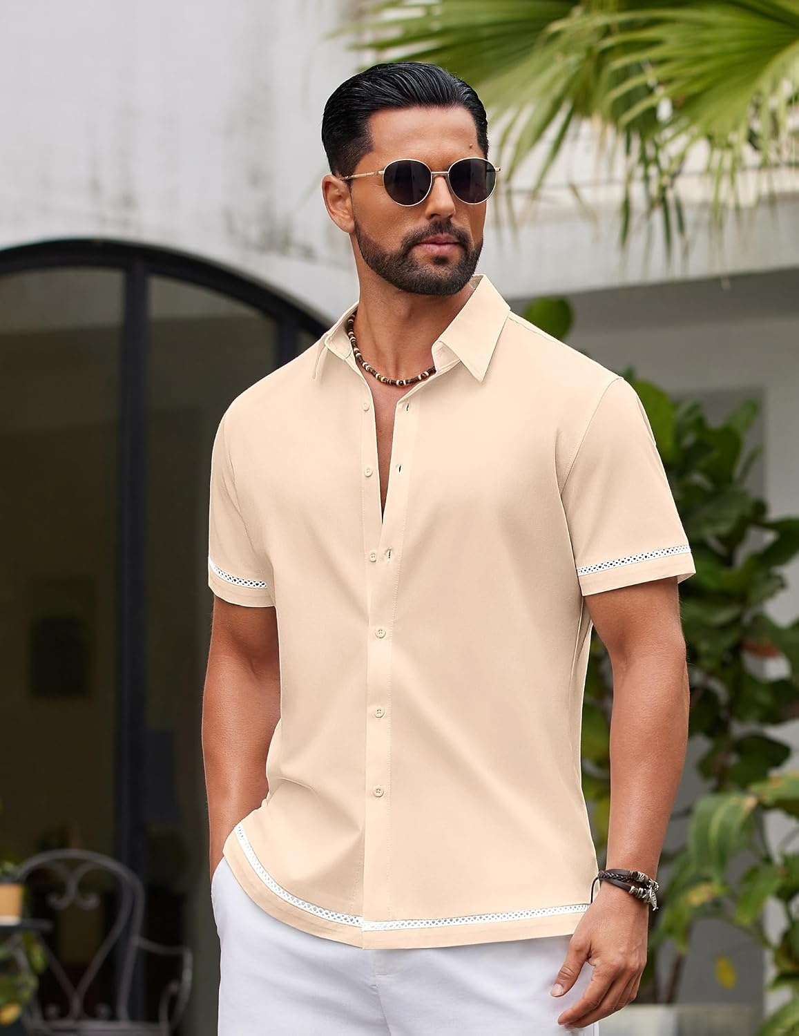 image:imageCOOFANDY Mens Button Down Short Sleeve Linen Shirt Casual Summer Beach Vacation ShirtsLight Apricot