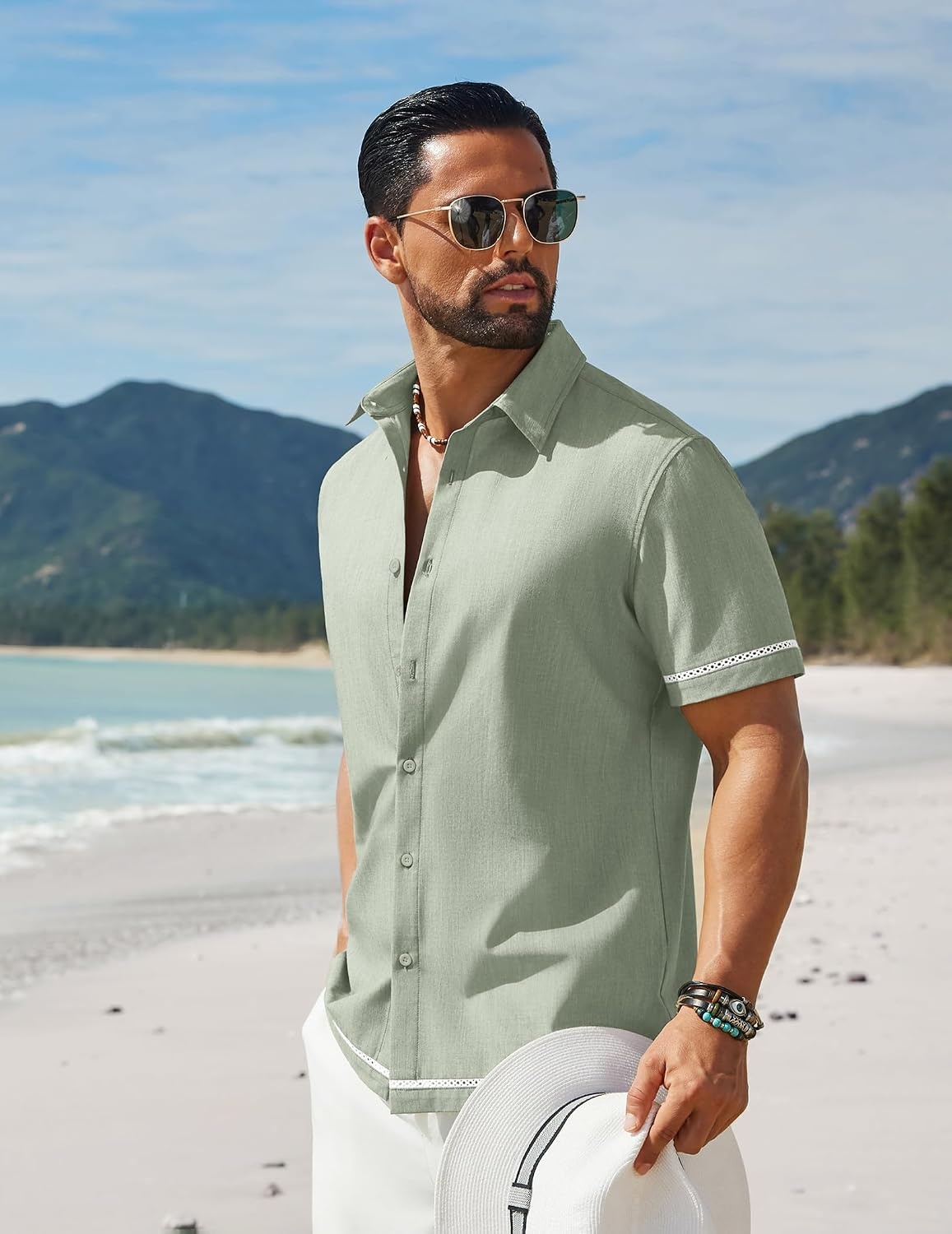 image:imageCOOFANDY Mens Button Down Short Sleeve Linen Shirt Casual Summer Beach Vacation ShirtsLight Green