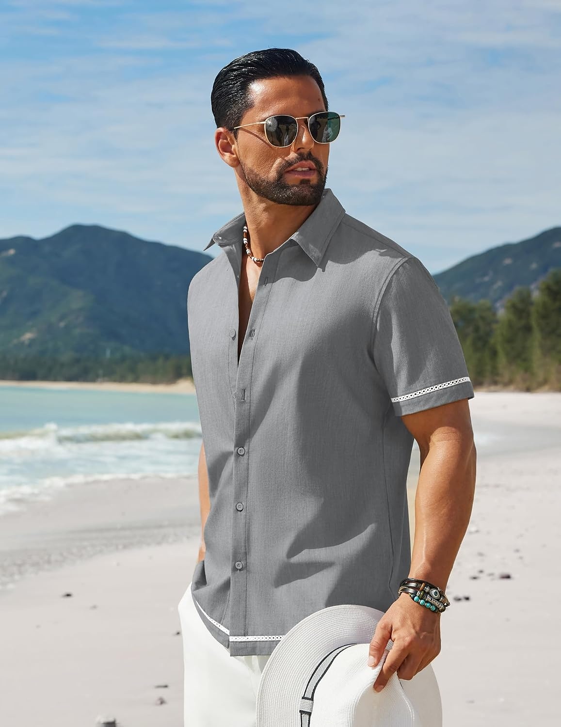 image:imageCOOFANDY Mens Button Down Short Sleeve Linen Shirt Casual Summer Beach Vacation ShirtsLight Grey