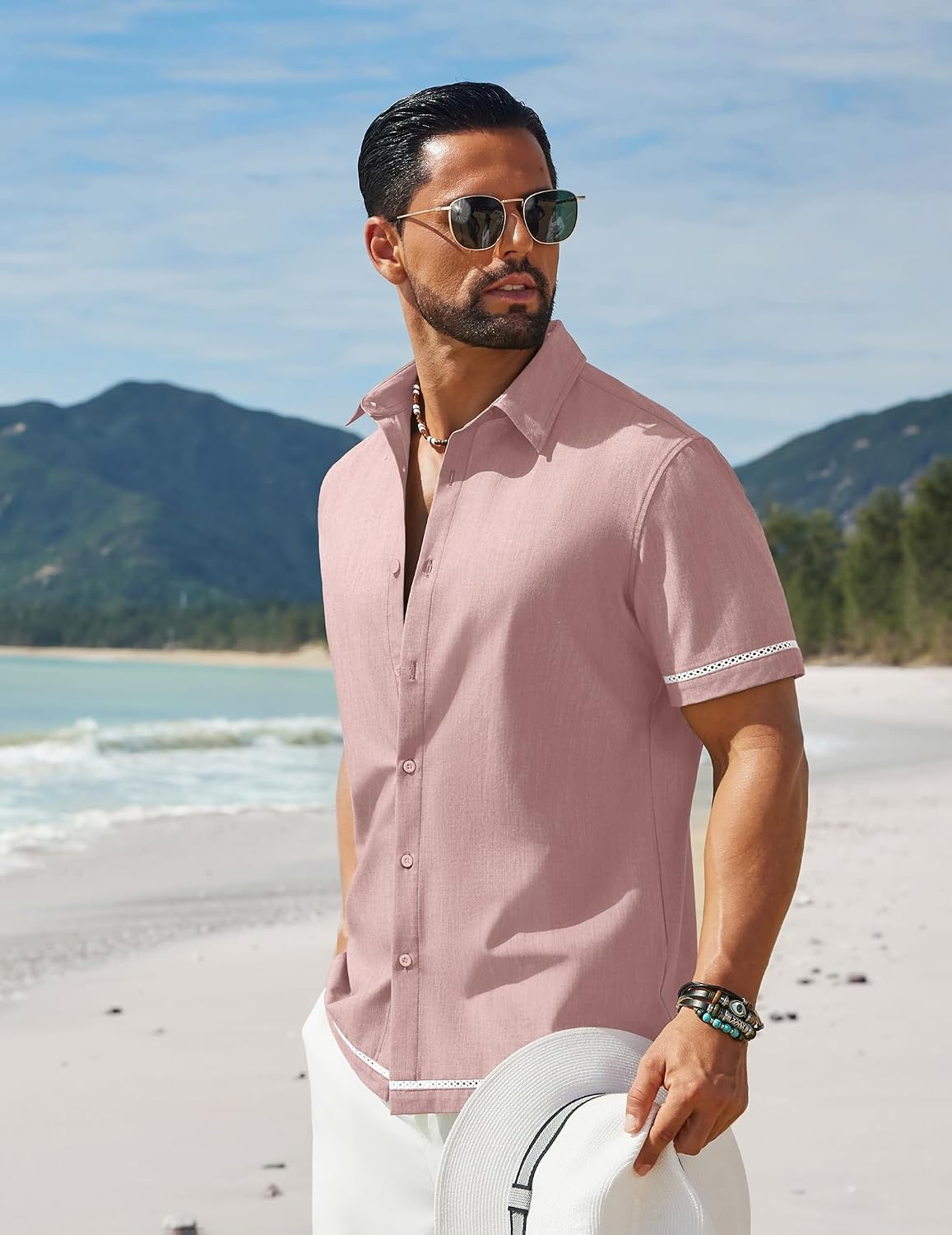 image:imageCOOFANDY Mens Button Down Short Sleeve Linen Shirt Casual Summer Beach Vacation ShirtsPink