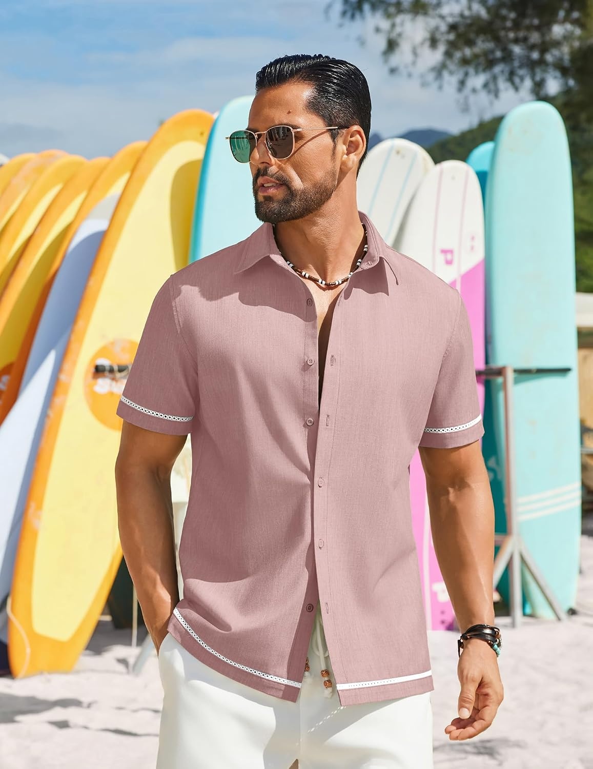 image:imageCOOFANDY Mens Button Down Short Sleeve Linen Shirt Casual Summer Beach Vacation ShirtsPink