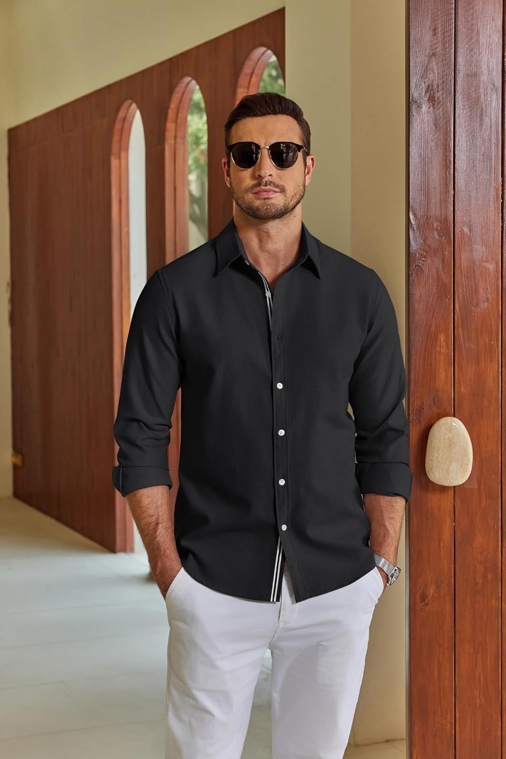 image:imageCOOFANDY Mens Oxford Shirt Long Sleeve Casual Button Down Dress Shirt Untucked Dress Shirt Cotton Blend Business DressCasual WearHidden Contrast Stripe Machine WashableBlack
