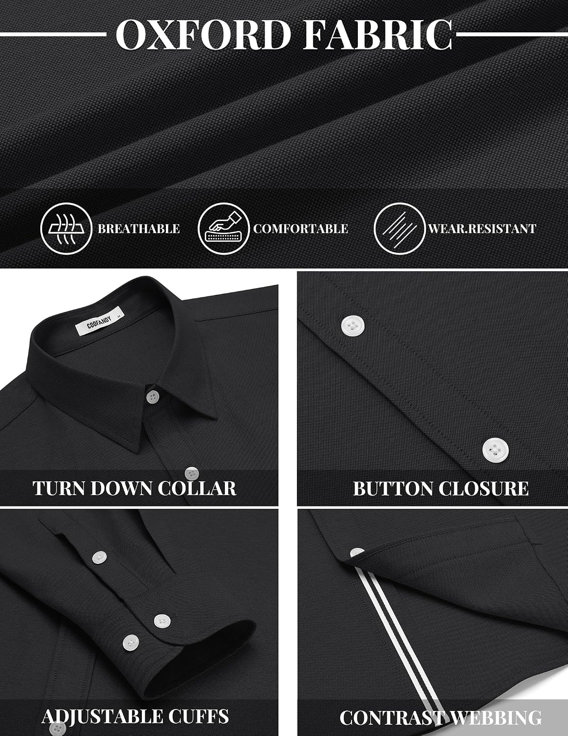 image:imageCOOFANDY Mens Oxford Shirt Long Sleeve Casual Button Down Dress Shirt Untucked Dress Shirt Cotton Blend Business DressCasual WearHidden Contrast Stripe Machine WashableBlack