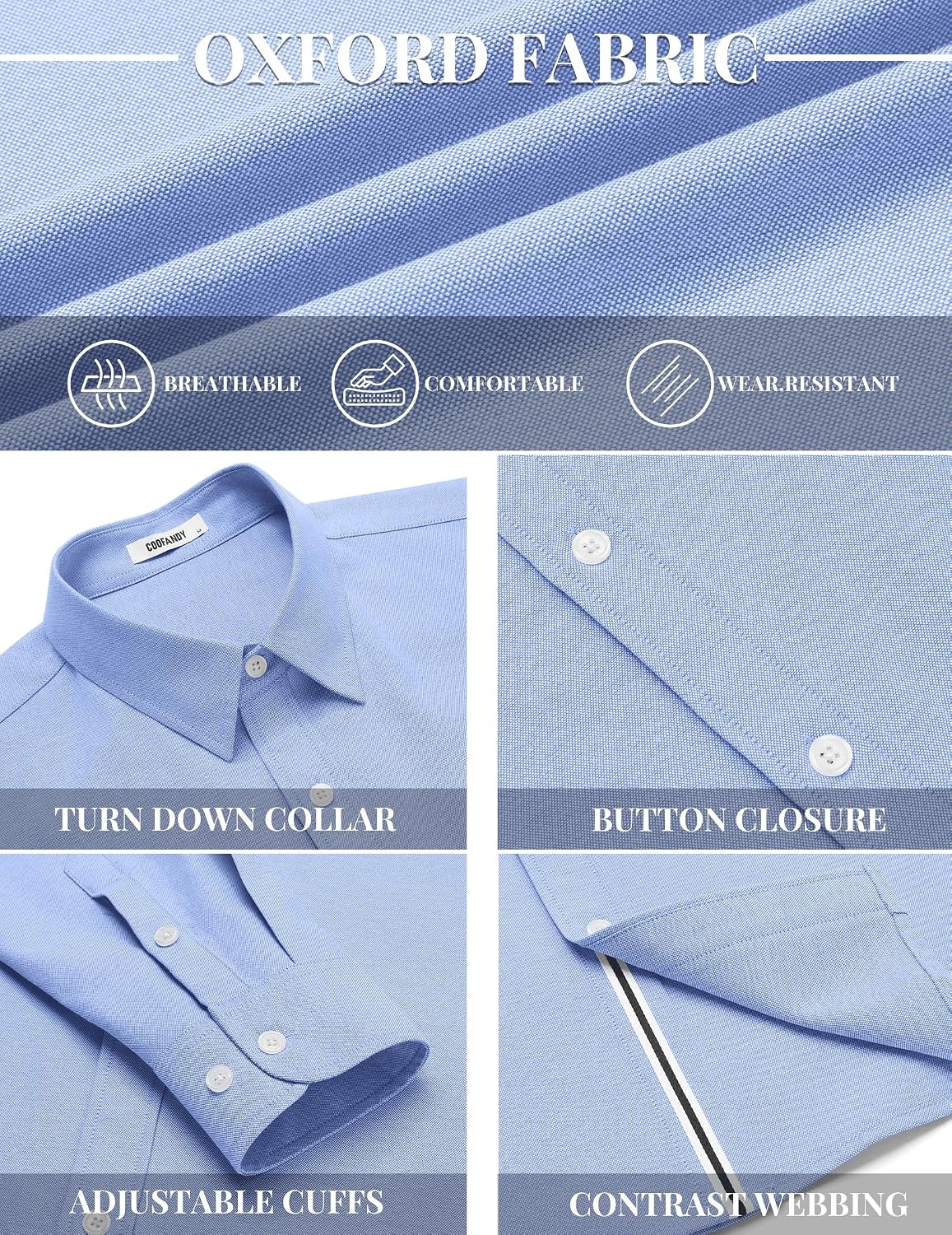 image:imageCOOFANDY Mens Oxford Shirt Long Sleeve Casual Button Down Dress Shirt Untucked Dress Shirt Cotton Blend Business DressCasual WearHidden Contrast Stripe Machine WashableLight Blue