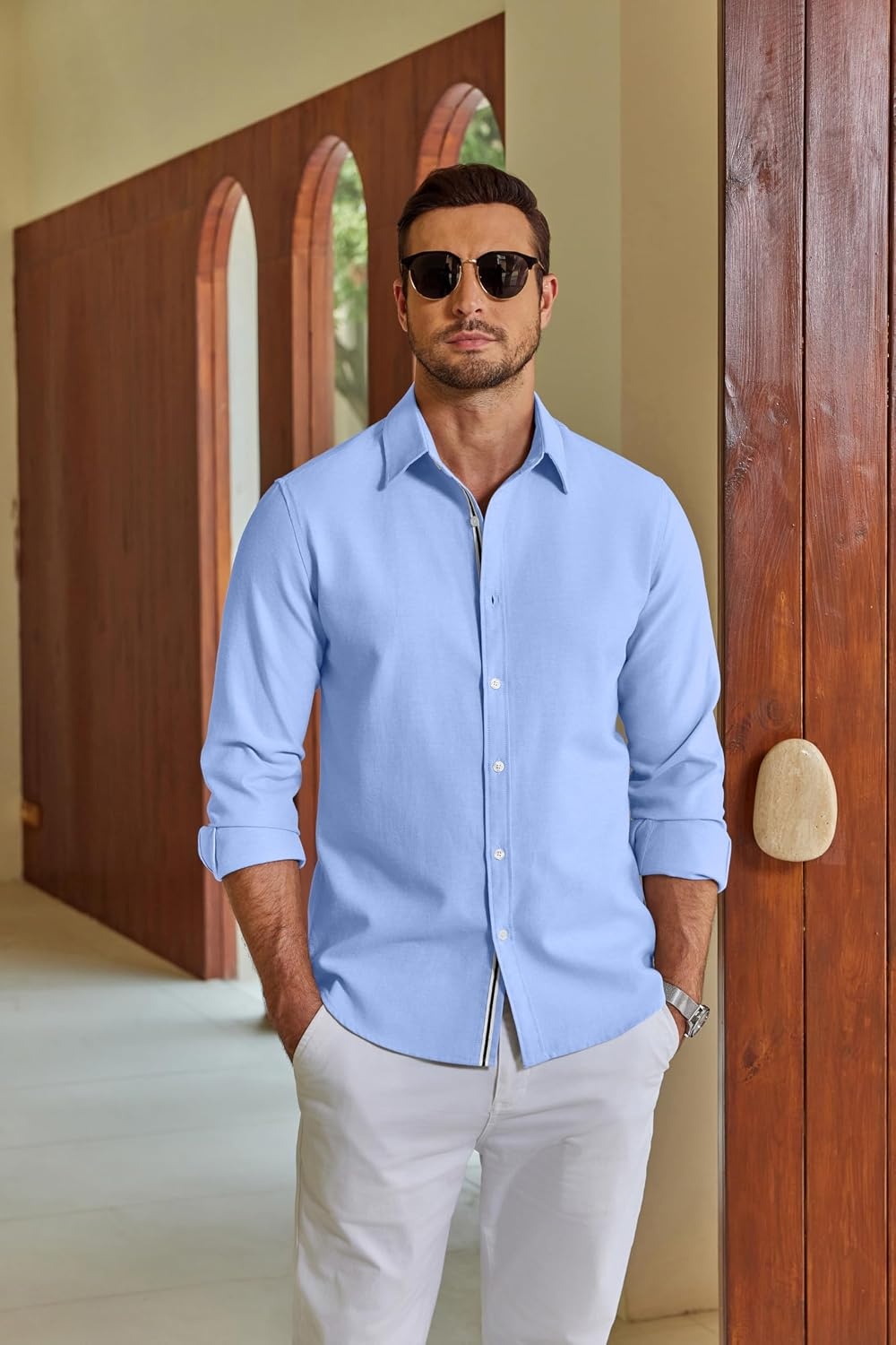 image:imageCOOFANDY Mens Oxford Shirt Long Sleeve Casual Button Down Dress Shirt Untucked Dress Shirt Cotton Blend Business DressCasual WearHidden Contrast Stripe Machine WashableLight Blue