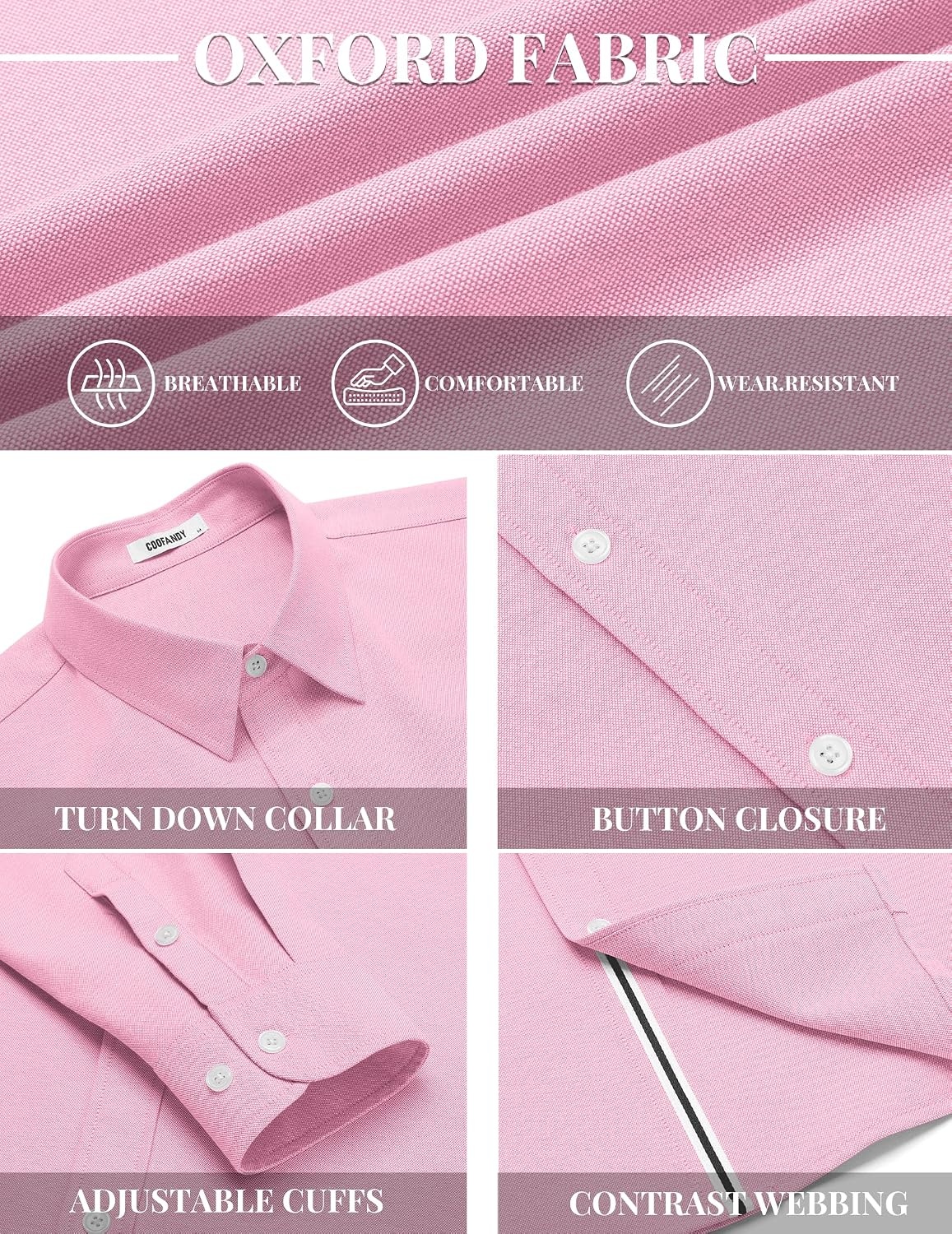 image:imageCOOFANDY Mens Oxford Shirt Long Sleeve Casual Button Down Dress Shirt Untucked Dress Shirt Cotton Blend Business DressCasual WearHidden Contrast Stripe Machine WashablePink