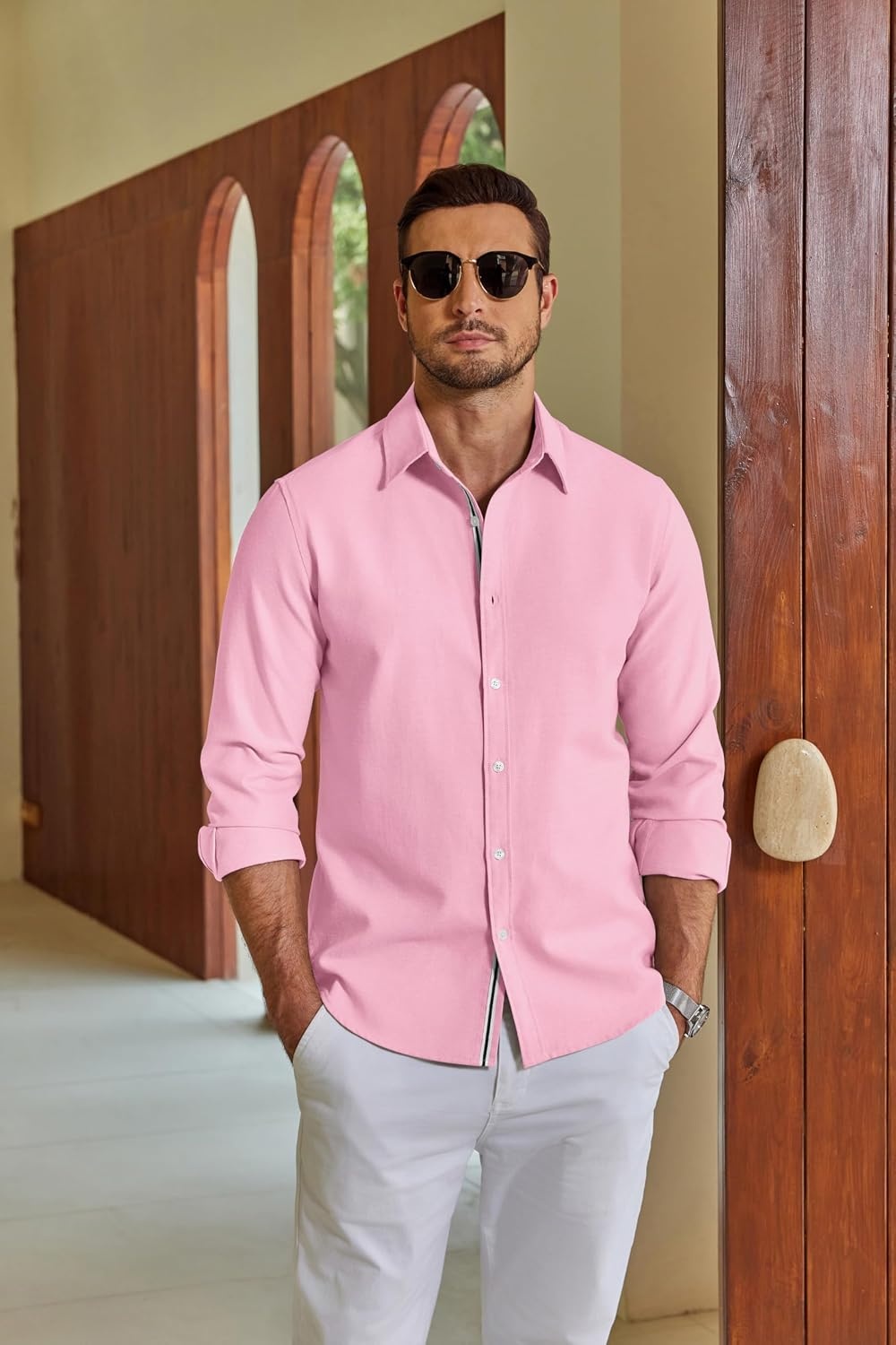 image:imageCOOFANDY Mens Oxford Shirt Long Sleeve Casual Button Down Dress Shirt Untucked Dress Shirt Cotton Blend Business DressCasual WearHidden Contrast Stripe Machine WashablePink