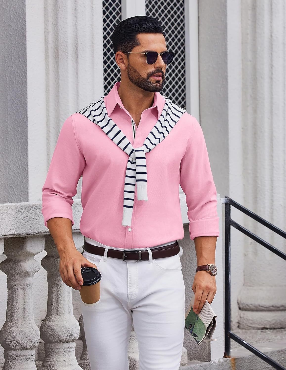 image:imageCOOFANDY Mens Oxford Shirt Long Sleeve Casual Button Down Dress Shirt Untucked Dress Shirt Cotton Blend Business DressCasual WearHidden Contrast Stripe Machine WashablePink