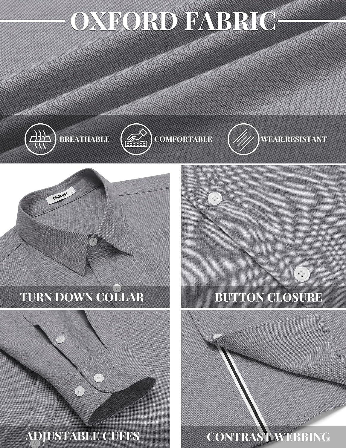 image:imageCOOFANDY Mens Oxford Shirt Long Sleeve Casual Button Down Dress Shirt Untucked Dress Shirt Cotton Blend Business DressCasual WearHidden Contrast Stripe Machine WashableDark Grey