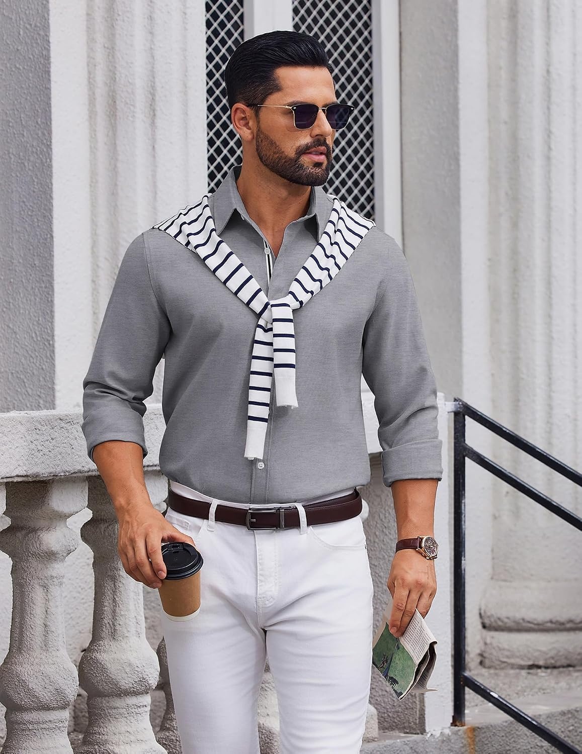 image:imageCOOFANDY Mens Oxford Shirt Long Sleeve Casual Button Down Dress Shirt Untucked Dress Shirt Cotton Blend Business DressCasual WearHidden Contrast Stripe Machine WashableDark Grey