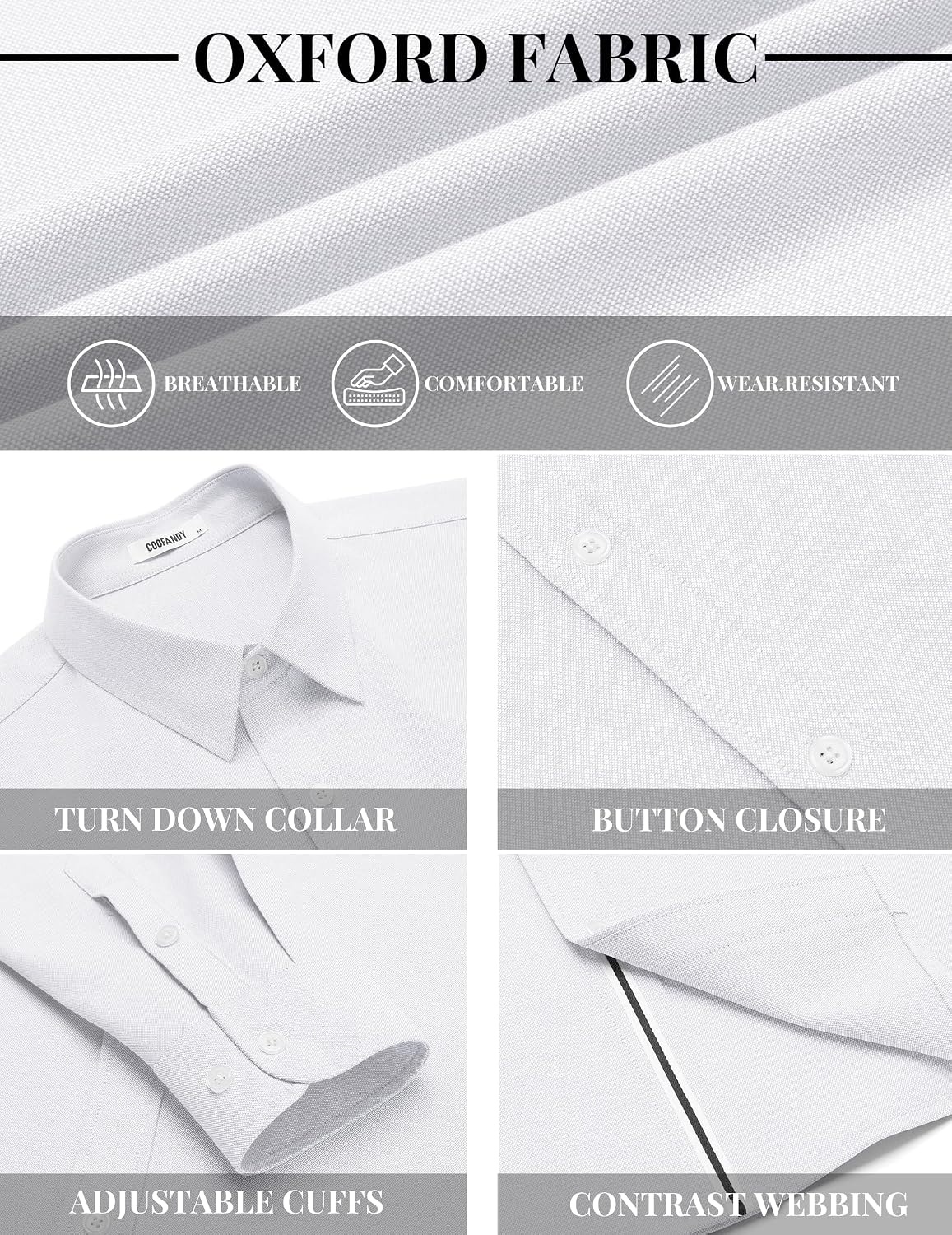 image:imageCOOFANDY Mens Oxford Shirt Long Sleeve Casual Button Down Dress Shirt Untucked Dress Shirt Cotton Blend Business DressCasual WearHidden Contrast Stripe Machine WashableWhite
