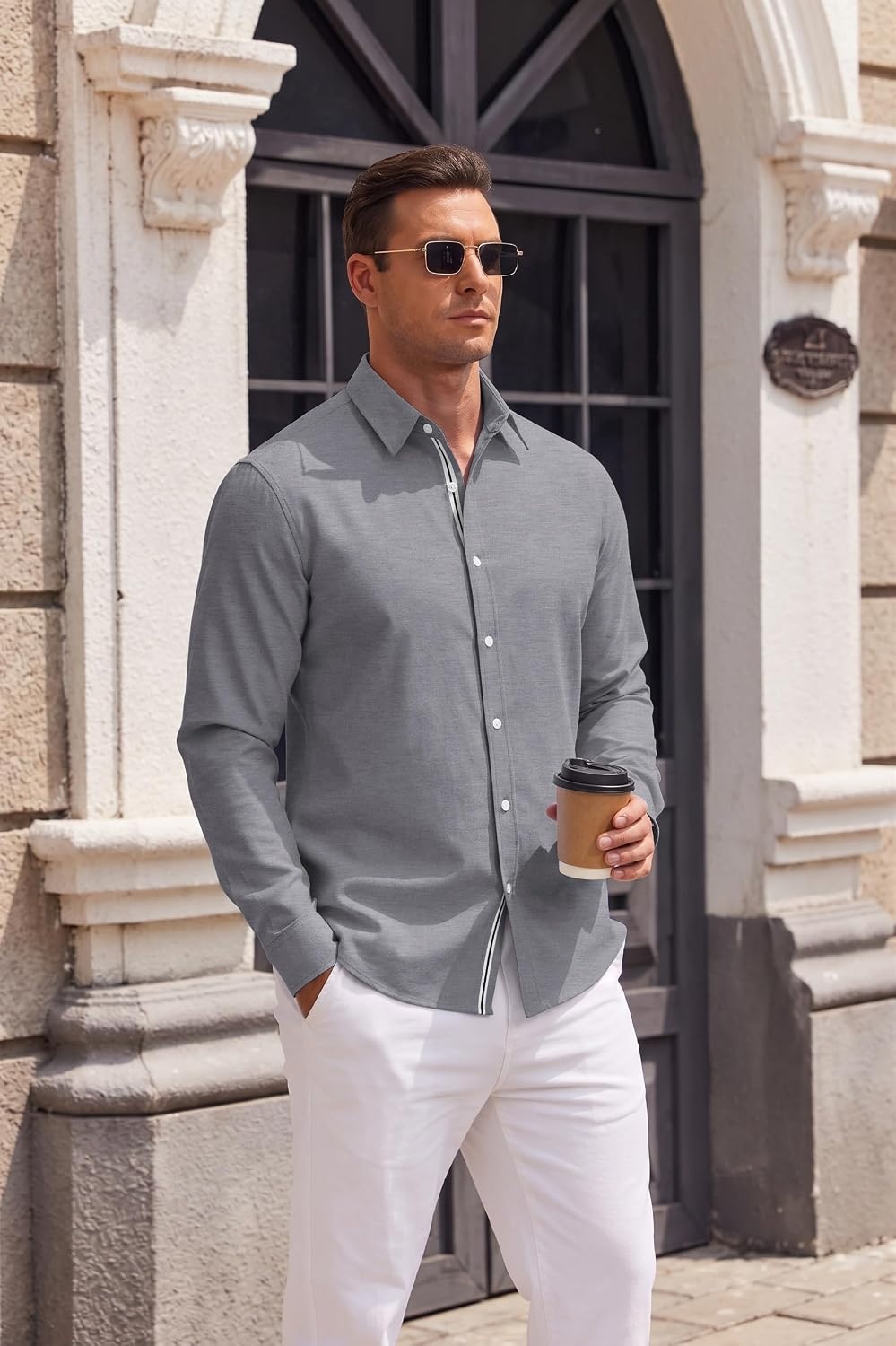 image:imageCOOFANDY Mens Oxford Shirt Long Sleeve Casual Button Down Dress Shirt Untucked Dress Shirt Cotton Blend Business DressCasual WearHidden Contrast Stripe Machine WashableDark Grey