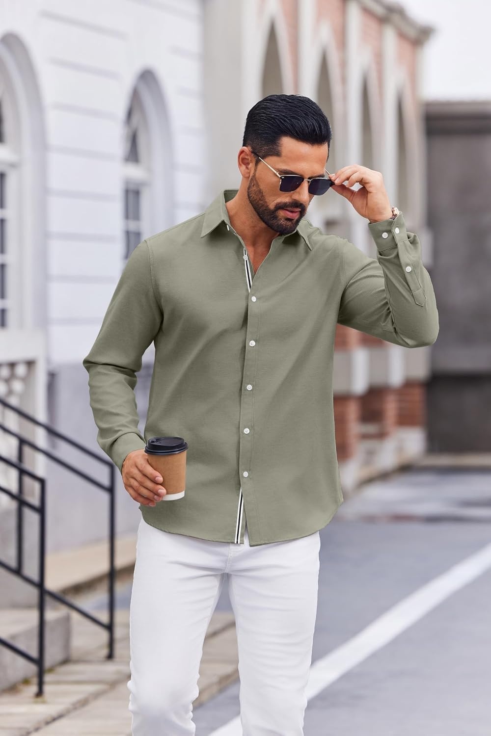 image:imageCOOFANDY Mens Oxford Shirt Long Sleeve Casual Button Down Dress Shirt Untucked Dress Shirt Cotton Blend Business DressCasual WearHidden Contrast Stripe Machine WashableArmy Green