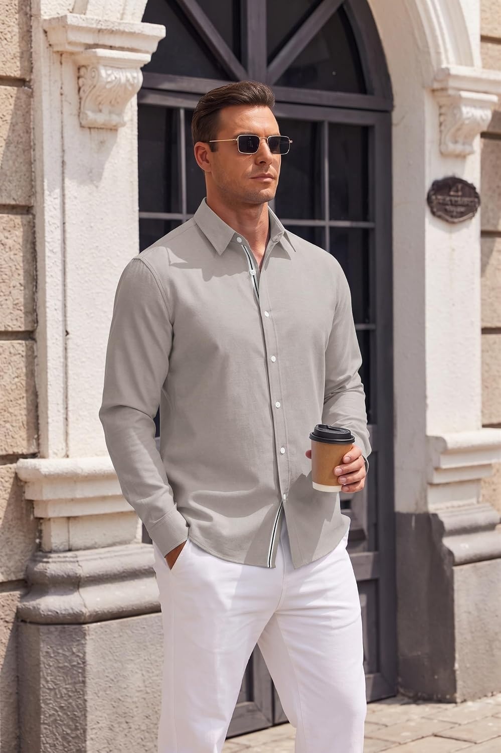 image:imageCOOFANDY Mens Oxford Shirt Long Sleeve Casual Button Down Dress Shirt Untucked Dress Shirt Cotton Blend Business DressCasual WearHidden Contrast Stripe Machine WashableKhaki