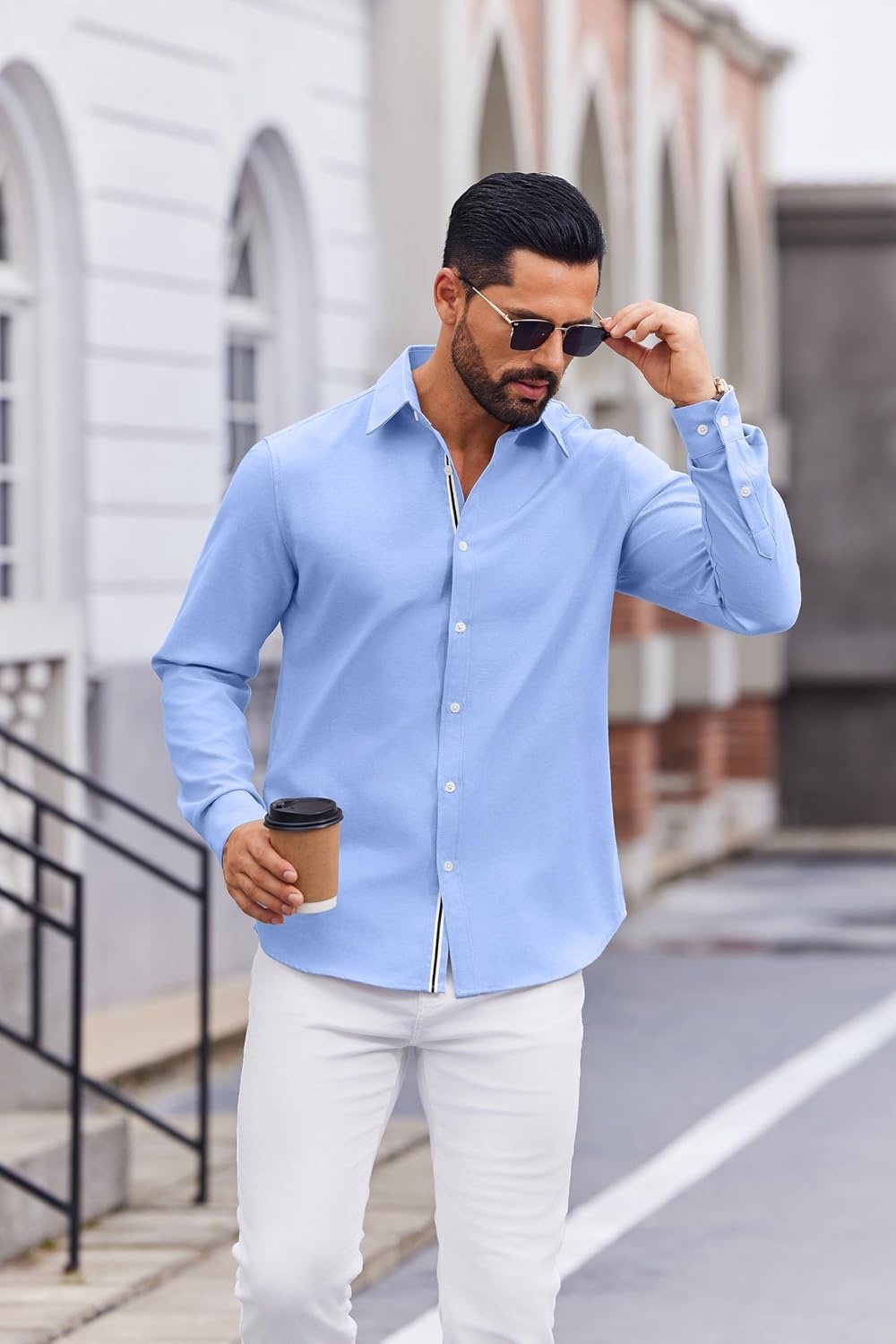 image:imageCOOFANDY Mens Oxford Shirt Long Sleeve Casual Button Down Dress Shirt Untucked Dress Shirt Cotton Blend Business DressCasual WearHidden Contrast Stripe Machine WashableLight Blue