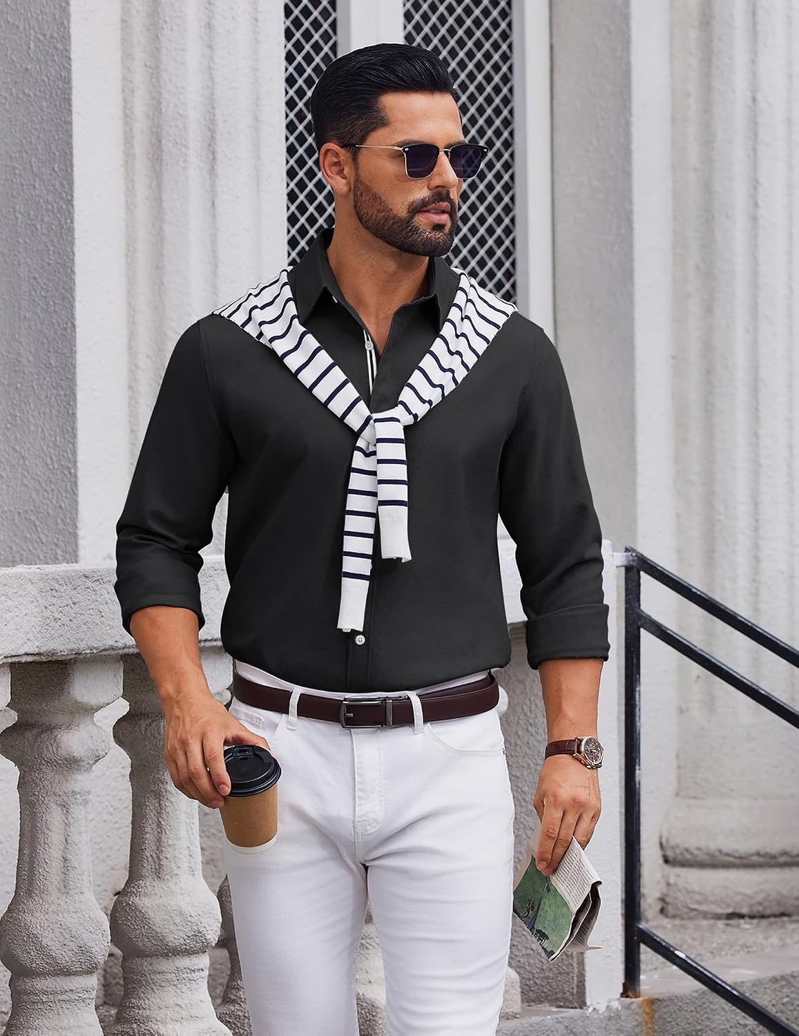 image:imageCOOFANDY Mens Oxford Shirt Long Sleeve Casual Button Down Dress Shirt Untucked Dress Shirt Cotton Blend Business DressCasual WearHidden Contrast Stripe Machine WashableBlack