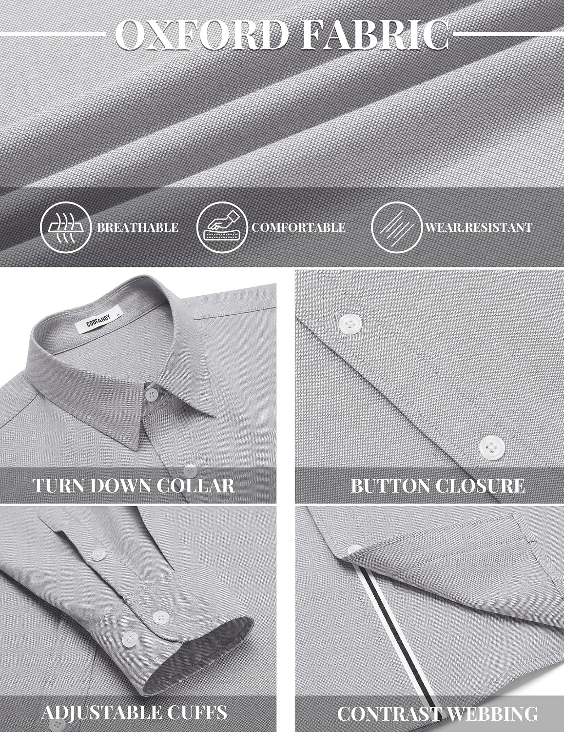 image:imageCOOFANDY Mens Oxford Shirt Long Sleeve Casual Button Down Dress Shirt Untucked Dress Shirt Cotton Blend Business DressCasual WearHidden Contrast Stripe Machine WashableLight Grey