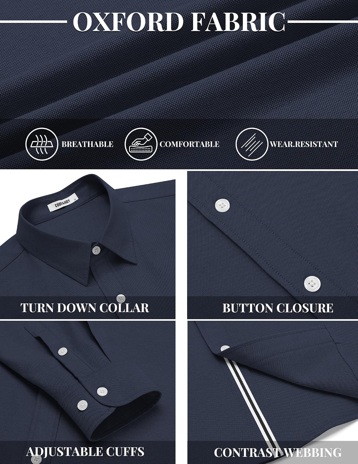 image:imageCOOFANDY Mens Oxford Shirt Long Sleeve Casual Button Down Dress Shirt Untucked Dress Shirt Cotton Blend Business DressCasual WearHidden Contrast Stripe Machine WashableNavy Blue