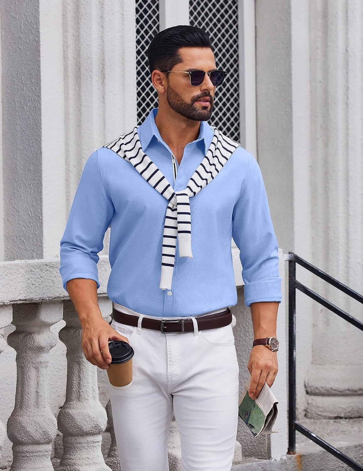 image:imageCOOFANDY Mens Oxford Shirt Long Sleeve Casual Button Down Dress Shirt Untucked Dress Shirt Cotton Blend Business DressCasual WearHidden Contrast Stripe Machine WashableLight Blue