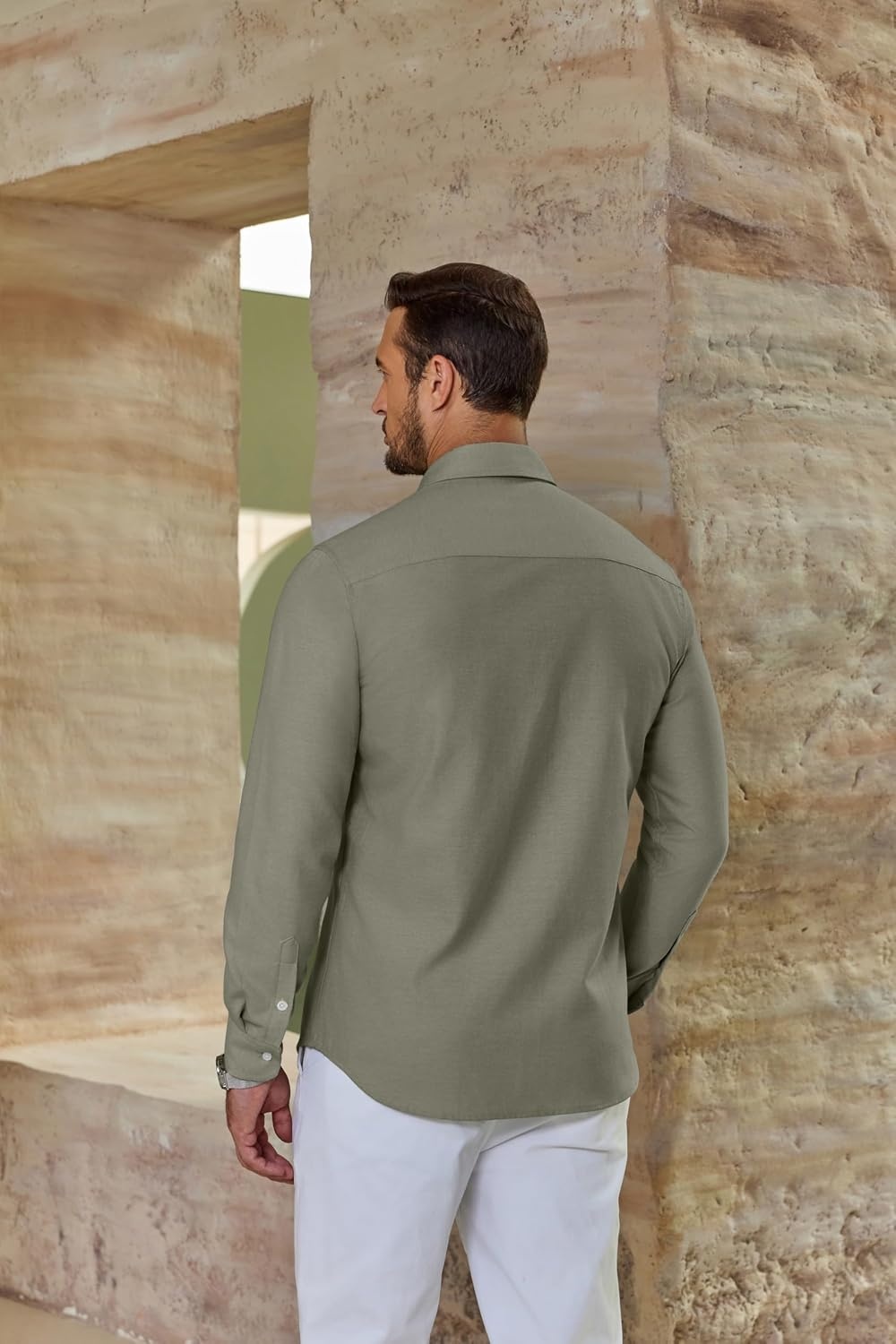 image:imageCOOFANDY Mens Oxford Shirt Long Sleeve Casual Button Down Dress Shirt Untucked Dress Shirt Cotton Blend Business DressCasual WearHidden Contrast Stripe Machine WashableArmy Green