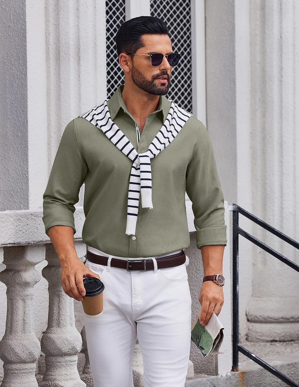 image:imageCOOFANDY Mens Oxford Shirt Long Sleeve Casual Button Down Dress Shirt Untucked Dress Shirt Cotton Blend Business DressCasual WearHidden Contrast Stripe Machine WashableArmy Green