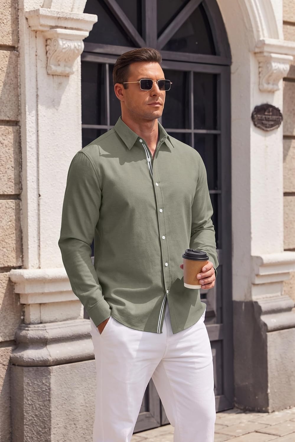 image:imageCOOFANDY Mens Oxford Shirt Long Sleeve Casual Button Down Dress Shirt Untucked Dress Shirt Cotton Blend Business DressCasual WearHidden Contrast Stripe Machine WashableArmy Green