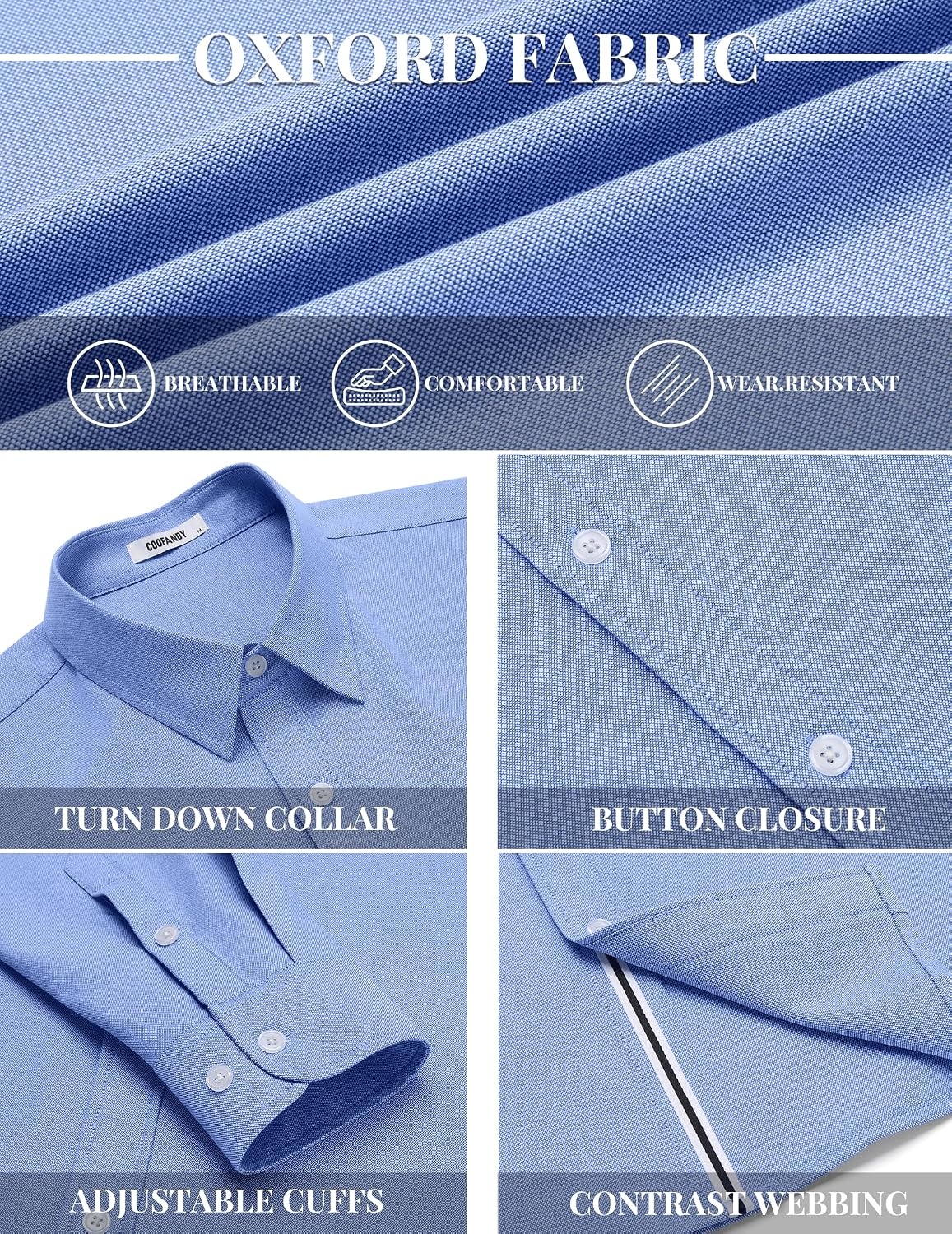image:imageCOOFANDY Mens Oxford Shirt Long Sleeve Casual Button Down Dress Shirt Untucked Dress Shirt Cotton Blend Business DressCasual WearHidden Contrast Stripe Machine WashableBlue