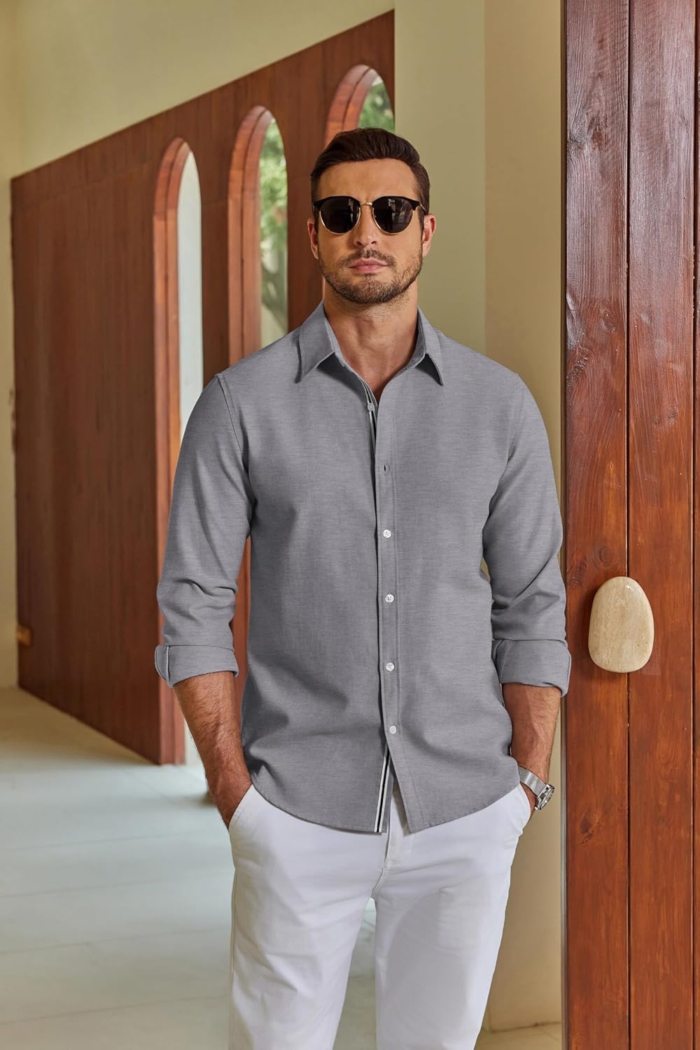 image:imageCOOFANDY Mens Oxford Shirt Long Sleeve Casual Button Down Dress Shirt Untucked Dress Shirt Cotton Blend Business DressCasual WearHidden Contrast Stripe Machine WashableDark Grey