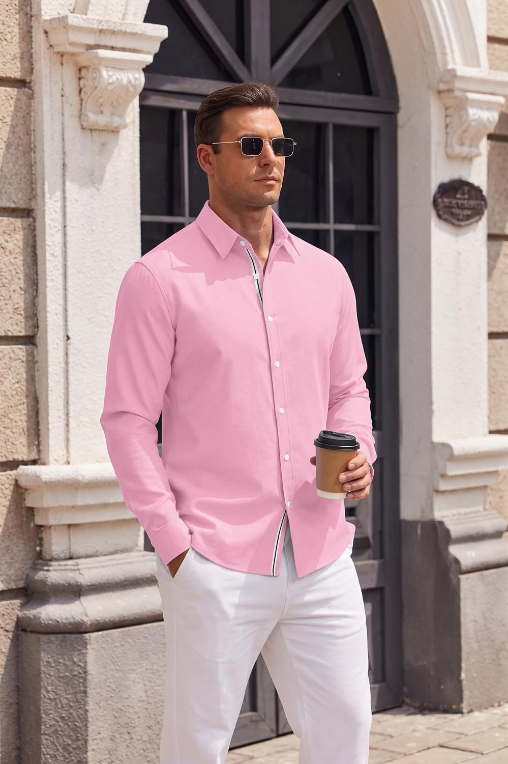 image:imageCOOFANDY Mens Oxford Shirt Long Sleeve Casual Button Down Dress Shirt Untucked Dress Shirt Cotton Blend Business DressCasual WearHidden Contrast Stripe Machine WashablePink