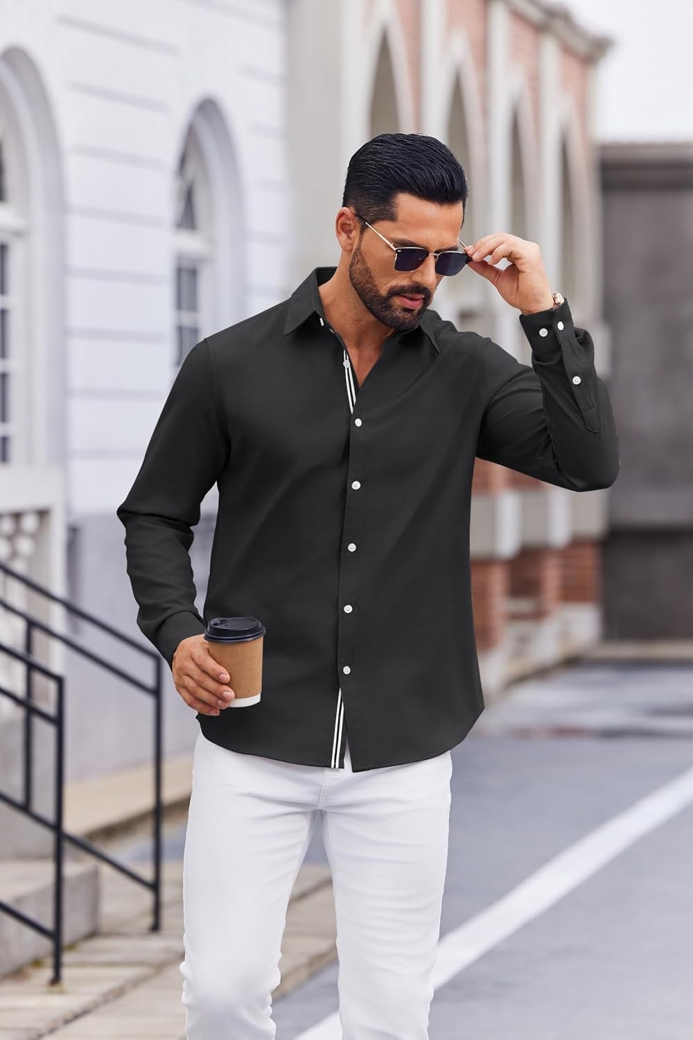 image:imageCOOFANDY Mens Oxford Shirt Long Sleeve Casual Button Down Dress Shirt Untucked Dress Shirt Cotton Blend Business DressCasual WearHidden Contrast Stripe Machine WashableBlack