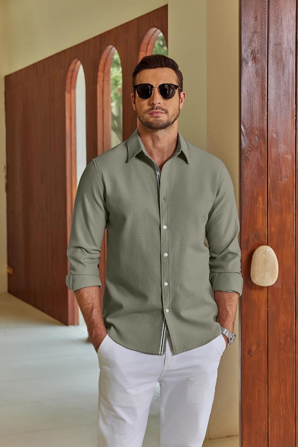 image:imageCOOFANDY Mens Oxford Shirt Long Sleeve Casual Button Down Dress Shirt Untucked Dress Shirt Cotton Blend Business DressCasual WearHidden Contrast Stripe Machine WashableArmy Green