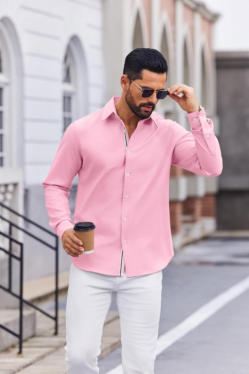 image:imageCOOFANDY Mens Oxford Shirt Long Sleeve Casual Button Down Dress Shirt Untucked Dress Shirt Cotton Blend Business DressCasual WearHidden Contrast Stripe Machine WashablePink