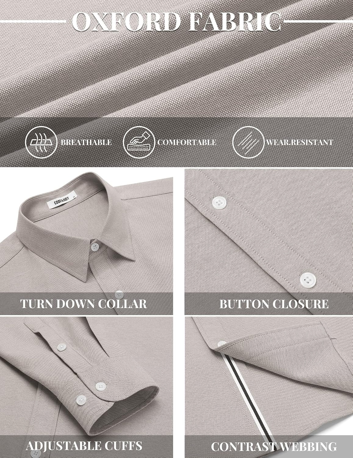 image:imageCOOFANDY Mens Oxford Shirt Long Sleeve Casual Button Down Dress Shirt Untucked Dress Shirt Cotton Blend Business DressCasual WearHidden Contrast Stripe Machine WashableKhaki