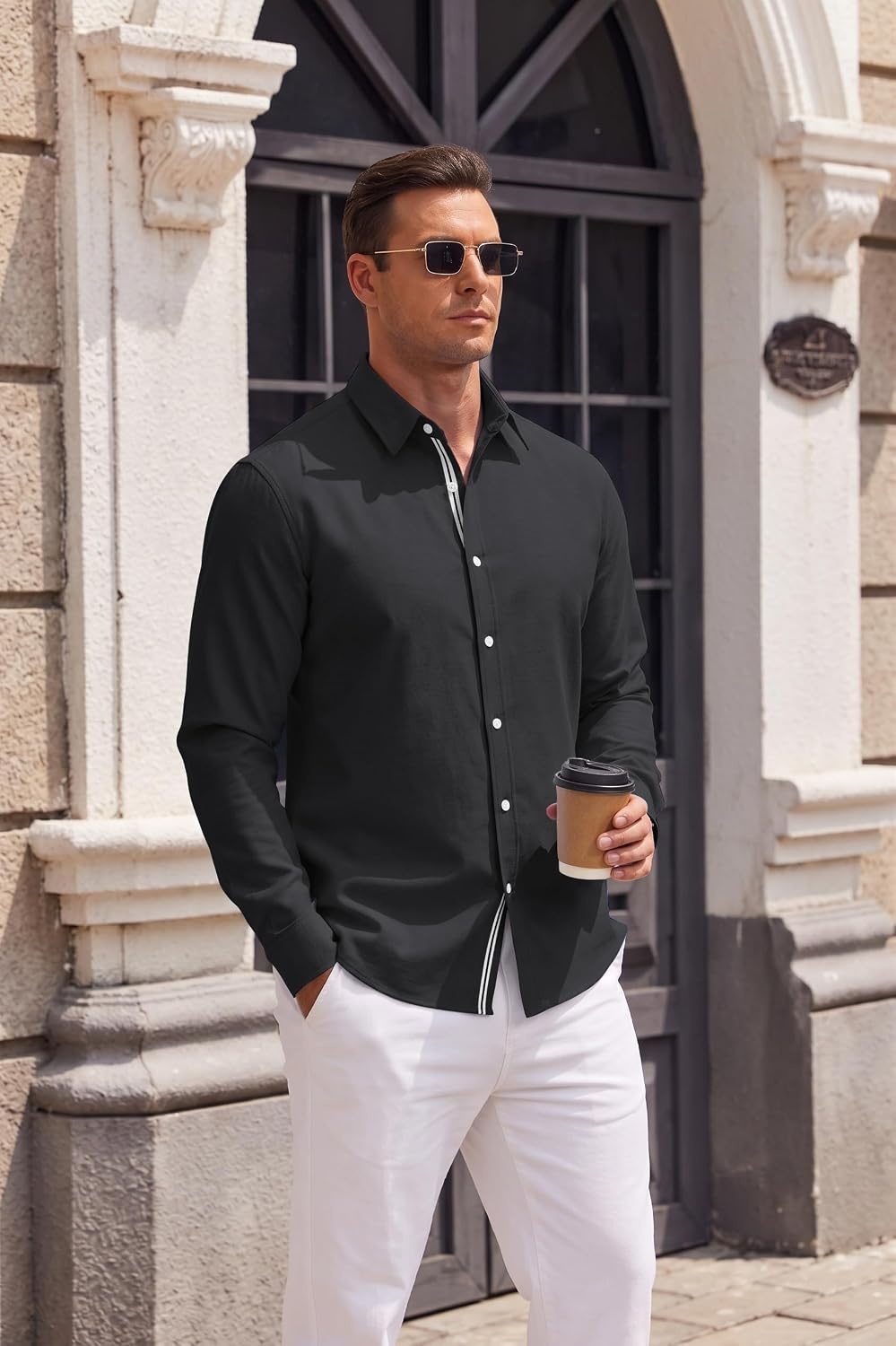 image:imageCOOFANDY Mens Oxford Shirt Long Sleeve Casual Button Down Dress Shirt Untucked Dress Shirt Cotton Blend Business DressCasual WearHidden Contrast Stripe Machine WashableBlack