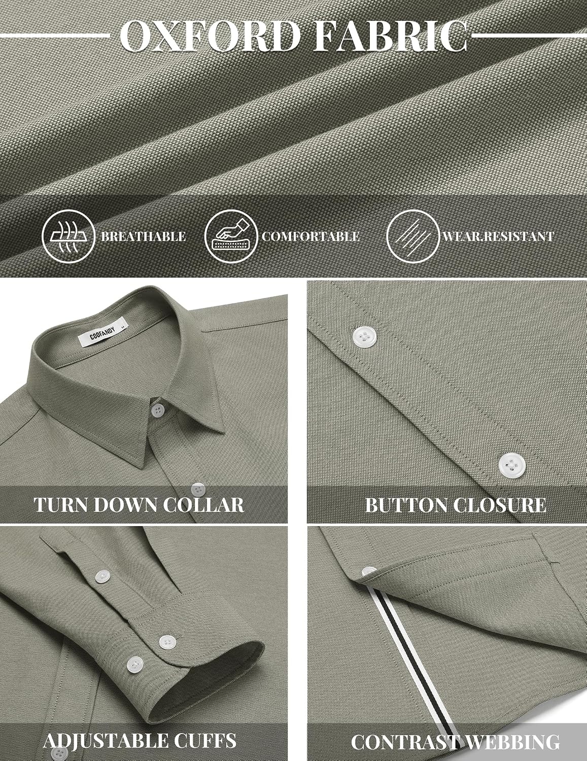 image:imageCOOFANDY Mens Oxford Shirt Long Sleeve Casual Button Down Dress Shirt Untucked Dress Shirt Cotton Blend Business DressCasual WearHidden Contrast Stripe Machine WashableArmy Green