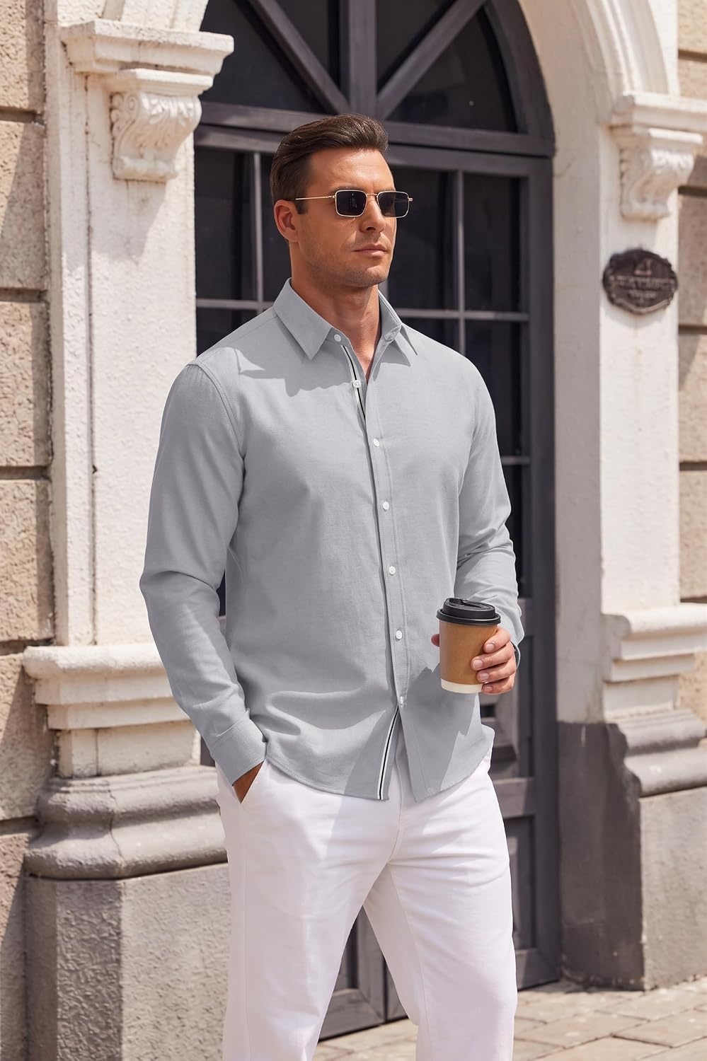 image:imageCOOFANDY Mens Oxford Shirt Long Sleeve Casual Button Down Dress Shirt Untucked Dress Shirt Cotton Blend Business DressCasual WearHidden Contrast Stripe Machine WashableLight Grey