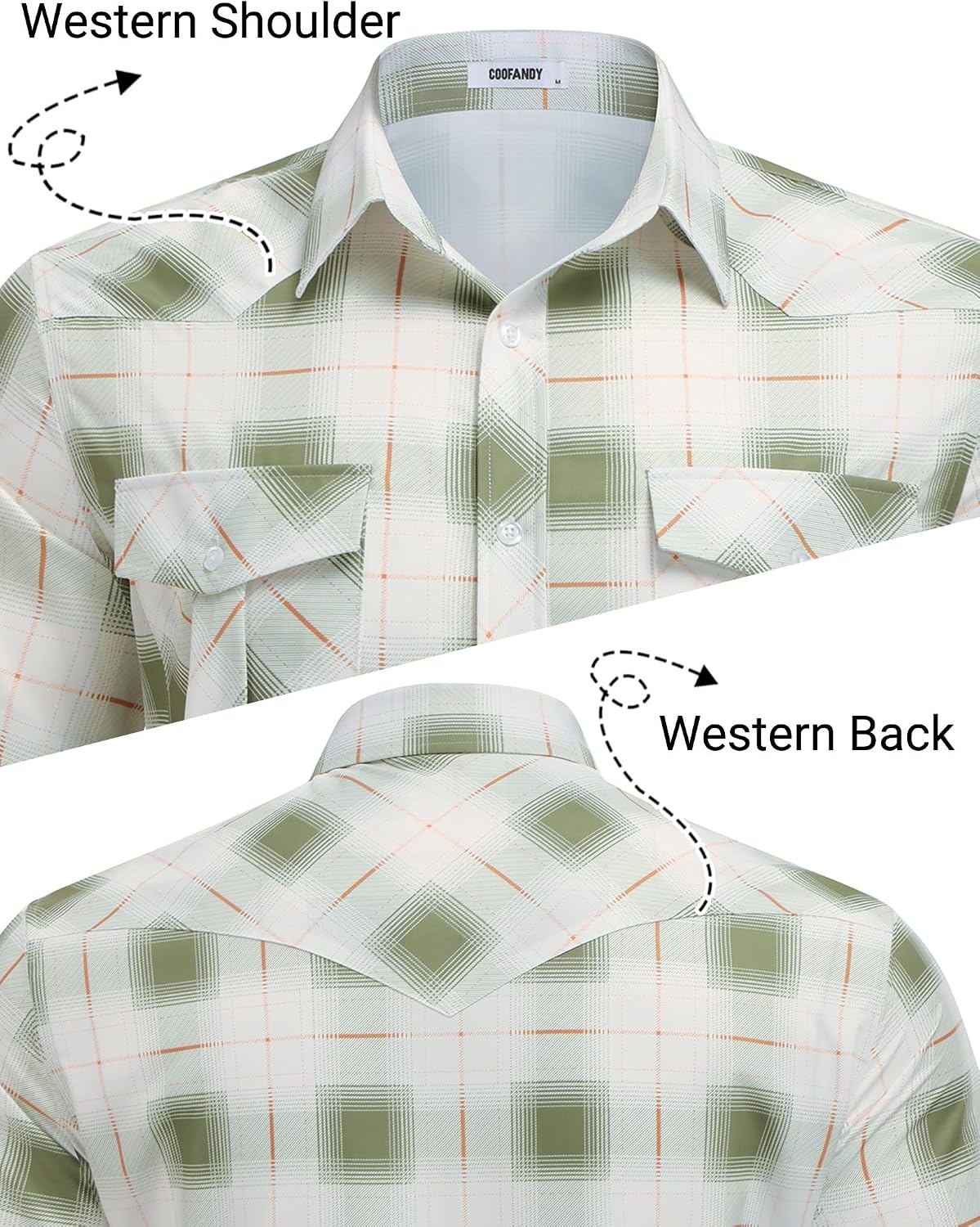 image:imageCOOFANDY Western Shirts for Mens Cowboy Shirt Short Sleeve Button Down Shirt Casual Work Shirts PlaidGreen white Plaid