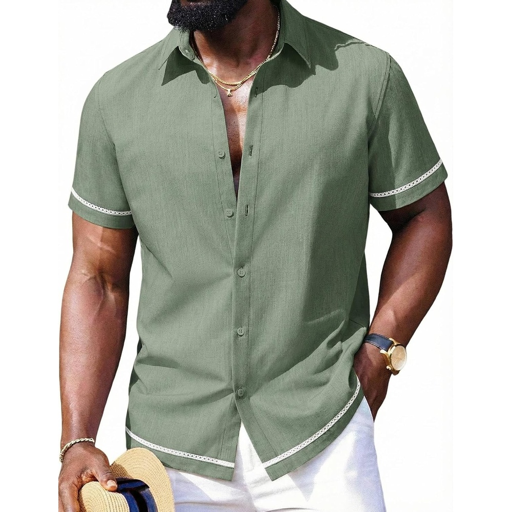 image:imageCOOFANDY Mens Button Down Short Sleeve Linen Shirt Casual Summer Beach Vacation ShirtsArmy Green