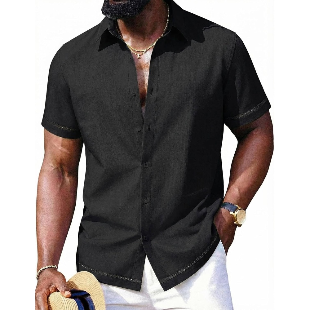 image:imageCOOFANDY Mens Button Down Short Sleeve Linen Shirt Casual Summer Beach Vacation ShirtsBlack