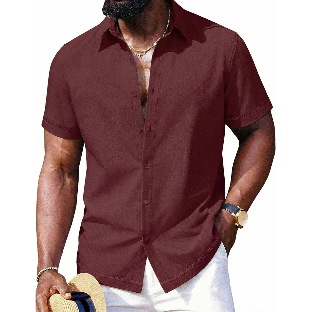 image:imageCOOFANDY Mens Button Down Short Sleeve Linen Shirt Casual Summer Beach Vacation ShirtsDark Red