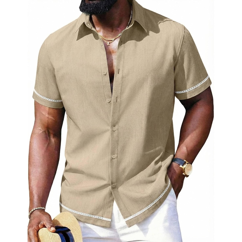 image:imageCOOFANDY Mens Button Down Short Sleeve Linen Shirt Casual Summer Beach Vacation ShirtsLight Khaki