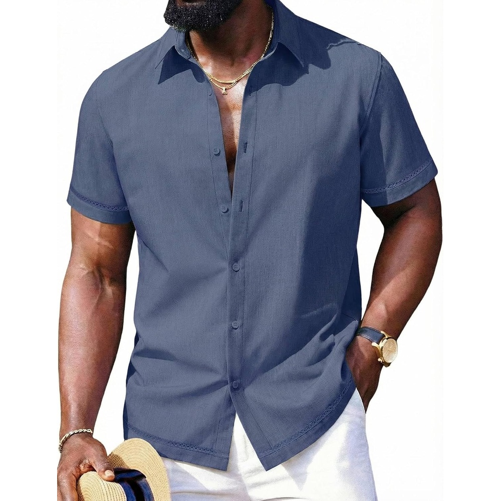image:imageCOOFANDY Mens Button Down Short Sleeve Linen Shirt Casual Summer Beach Vacation ShirtsNavy Blue
