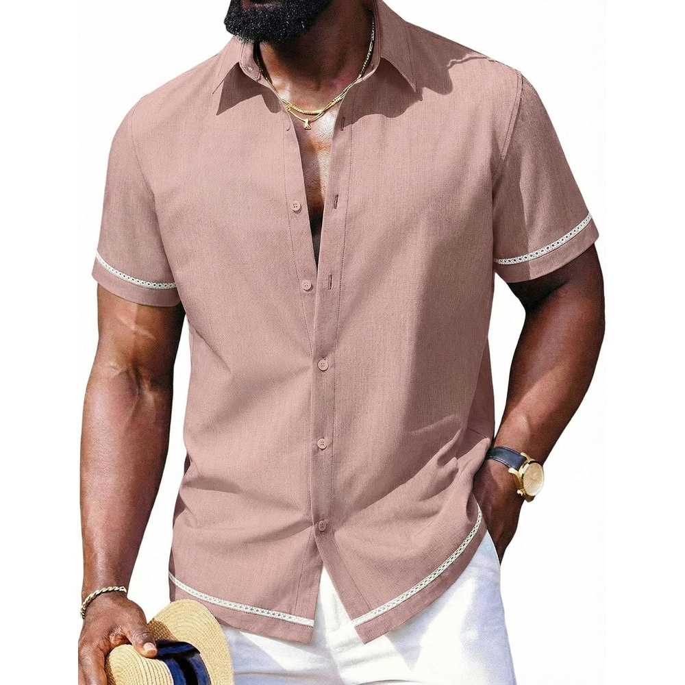 image:imageCOOFANDY Mens Button Down Short Sleeve Linen Shirt Casual Summer Beach Vacation ShirtsPink