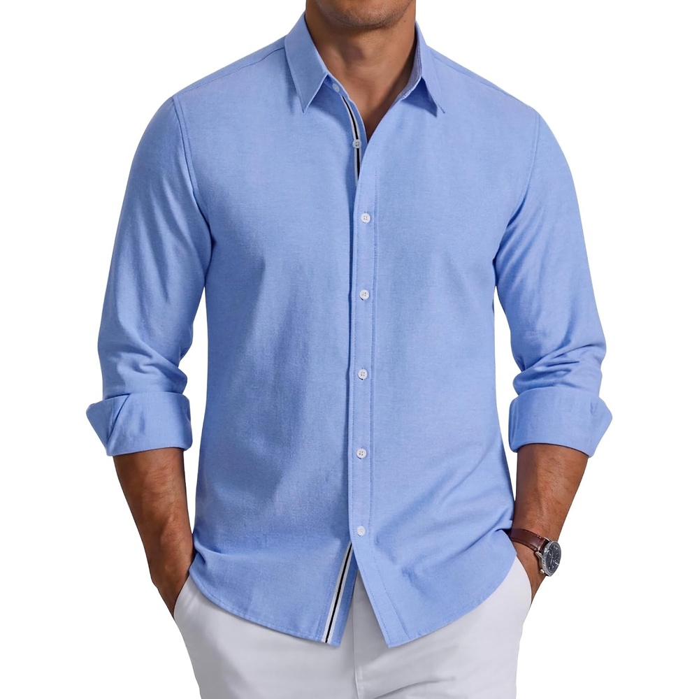 image:imageCOOFANDY Mens Oxford Shirt Long Sleeve Casual Button Down Dress Shirt Untucked Dress Shirt Cotton Blend Business DressCasual WearHidden Contrast Stripe Machine WashableBlue
