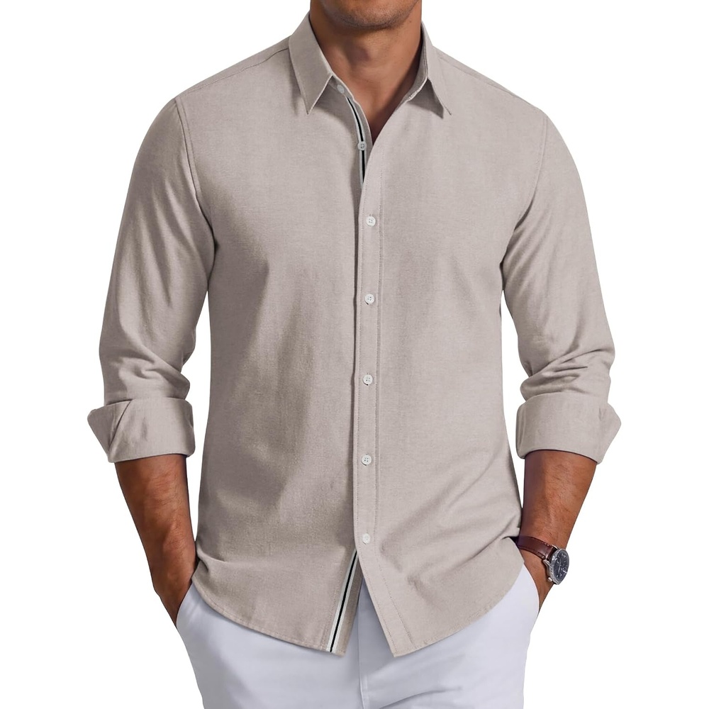 image:imageCOOFANDY Mens Oxford Shirt Long Sleeve Casual Button Down Dress Shirt Untucked Dress Shirt Cotton Blend Business DressCasual WearHidden Contrast Stripe Machine WashableKhaki