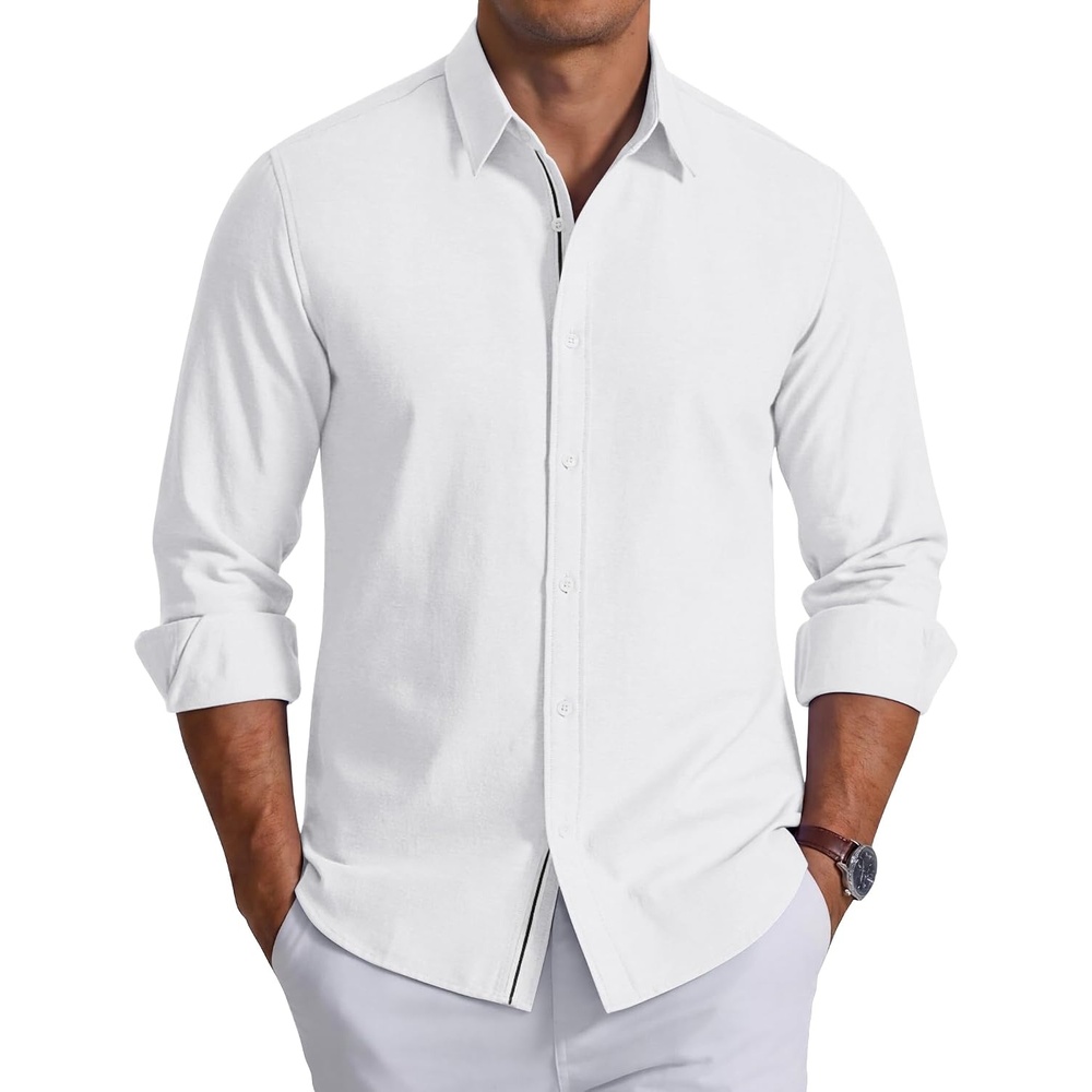 image:imageCOOFANDY Mens Oxford Shirt Long Sleeve Casual Button Down Dress Shirt Untucked Dress Shirt Cotton Blend Business DressCasual WearHidden Contrast Stripe Machine WashableWhite