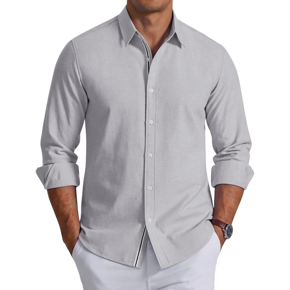 image:imageCOOFANDY Mens Oxford Shirt Long Sleeve Casual Button Down Dress Shirt Untucked Dress Shirt Cotton Blend Business DressCasual WearHidden Contrast Stripe Machine WashableLight Grey