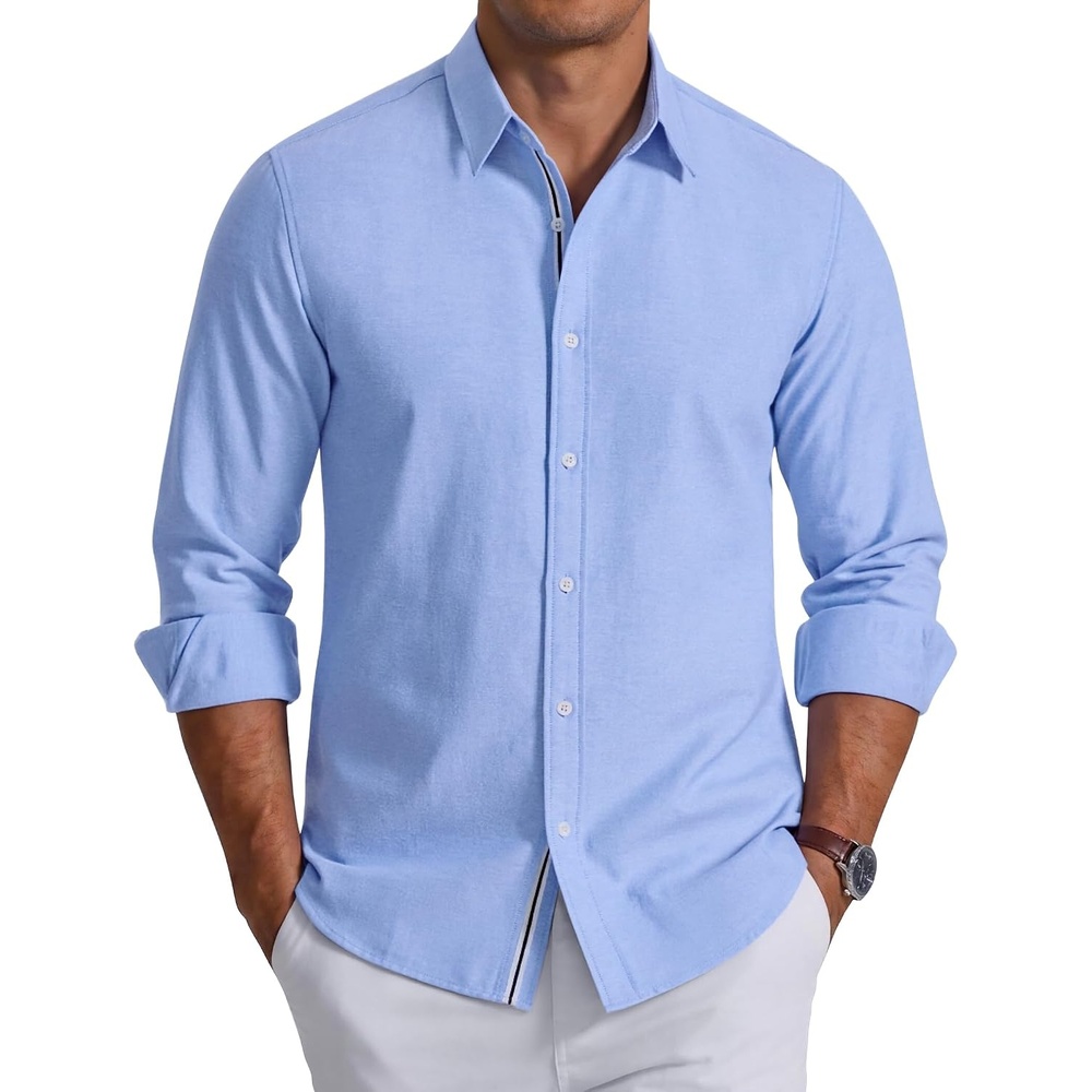 image:imageCOOFANDY Mens Oxford Shirt Long Sleeve Casual Button Down Dress Shirt  Untucked Dress Shirt Cotton Blend Business DressCasual WearHidden Contrast Stripe Machine WashableLight Blue