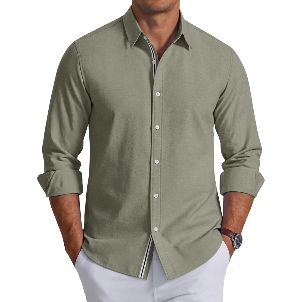 image:imageCOOFANDY Mens Oxford Shirt Long Sleeve Casual Button Down Dress Shirt Untucked Dress Shirt Cotton Blend Business DressCasual WearHidden Contrast Stripe Machine WashableArmy Green