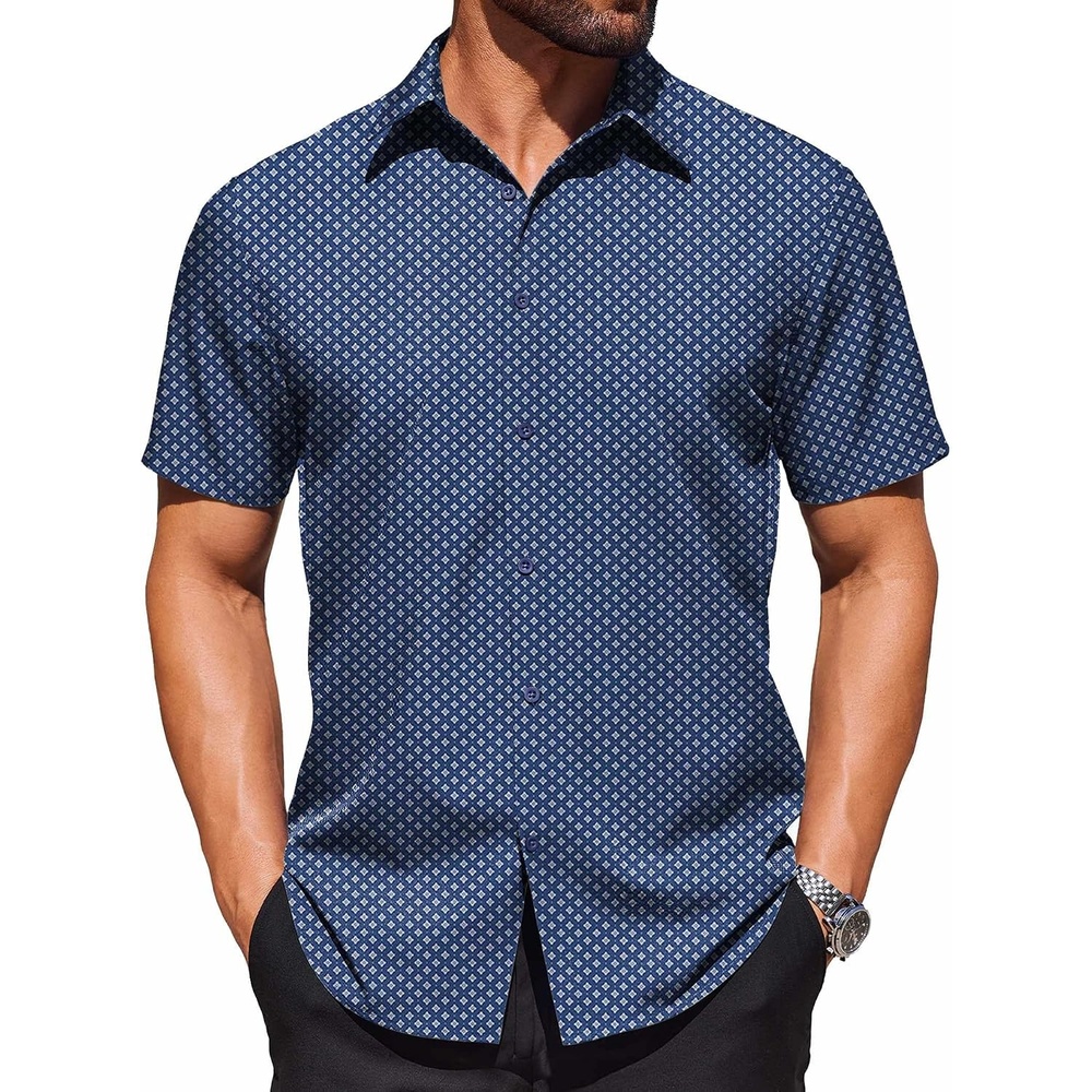 image:imageCOOFANDY Mens Wrinkle Free Dress Shirt Polka Dot Short Sleeve Button Down Business Casual ShirtsDark Blue White Fourpetaled Flower